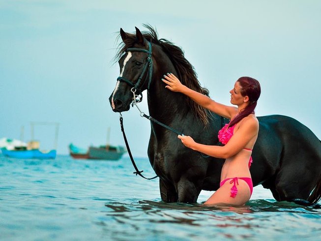 lady swimming with black horse