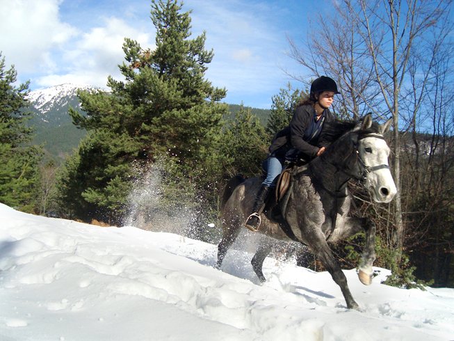 Lady galloping on the snow