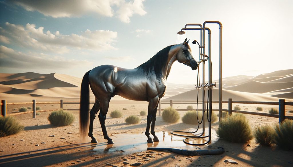 Bathing a horse in the desert