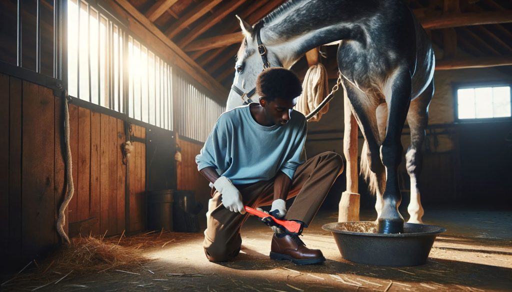 Cleaning the horse's hooves. Horse grooming routine